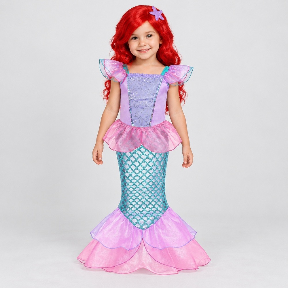 Princess Mermaid Costume Girls Party Dress Red Wig 3T Pink Purple Teal